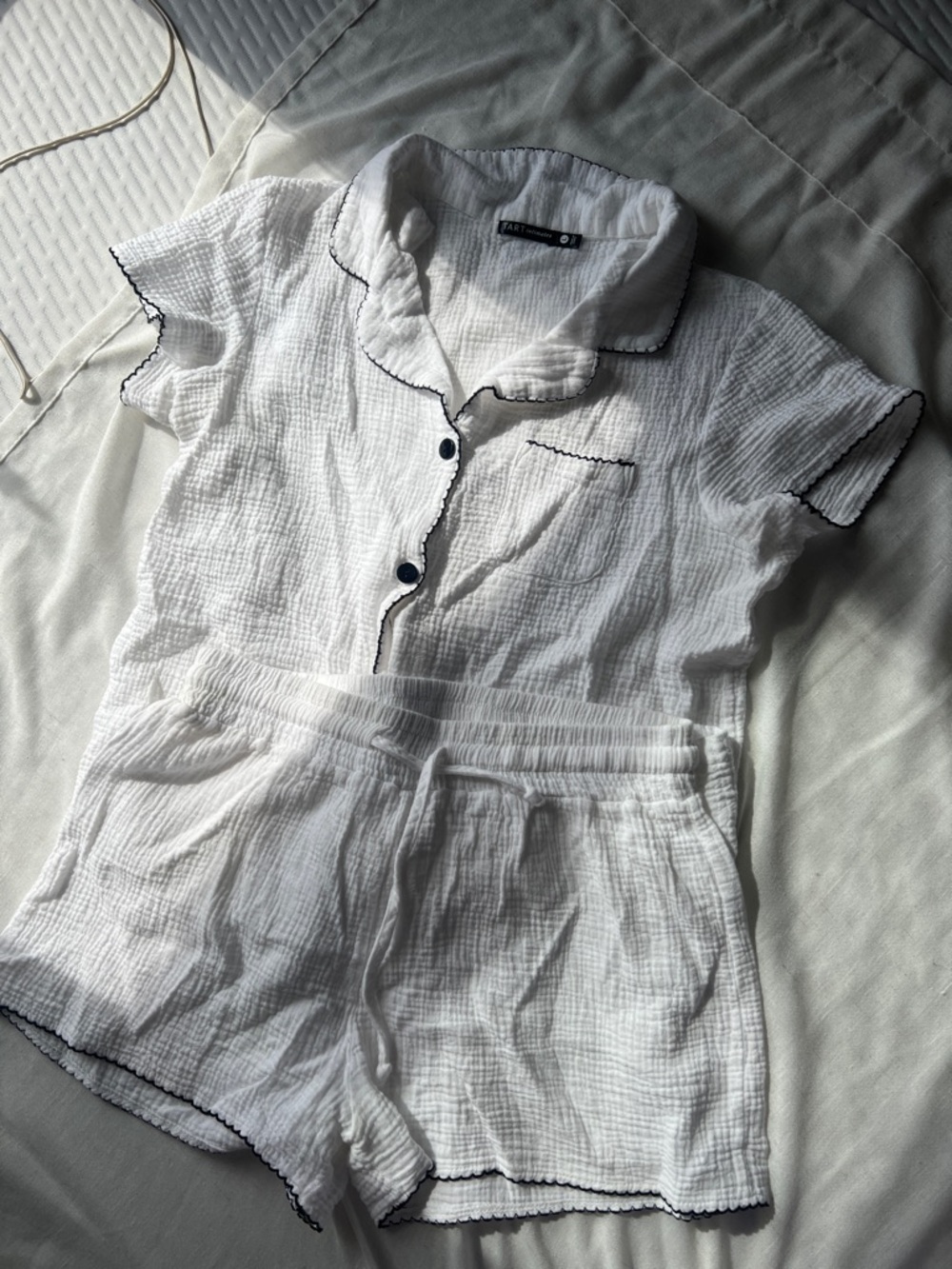 White Cotton Gauze Short-Sleeve Pajama Set with Black Trim